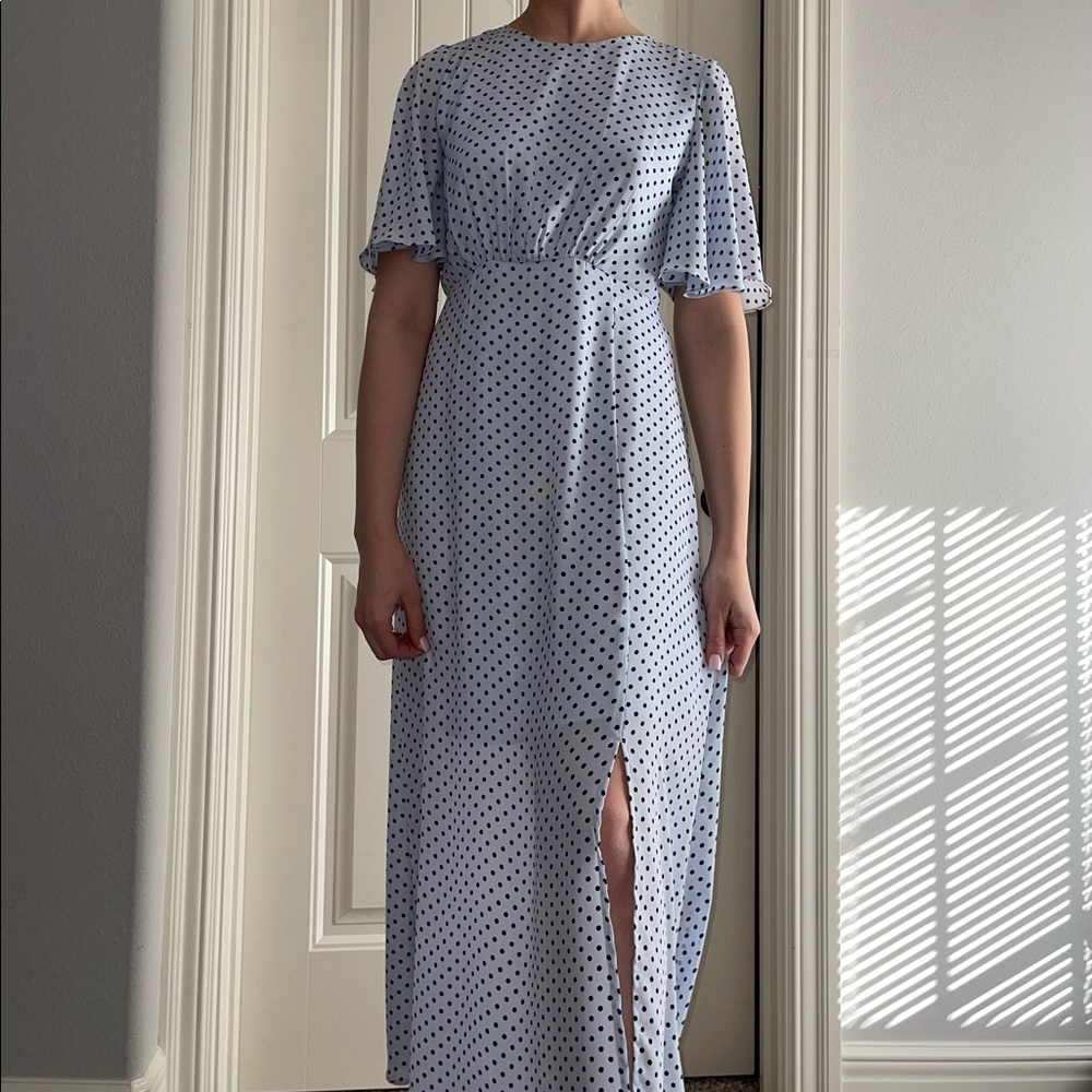 Maxi dress. Baby blue with black polkadot. Size small.